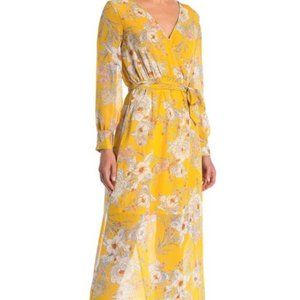Superfoxx Long Sleeve Print Surplice Yellow Dress